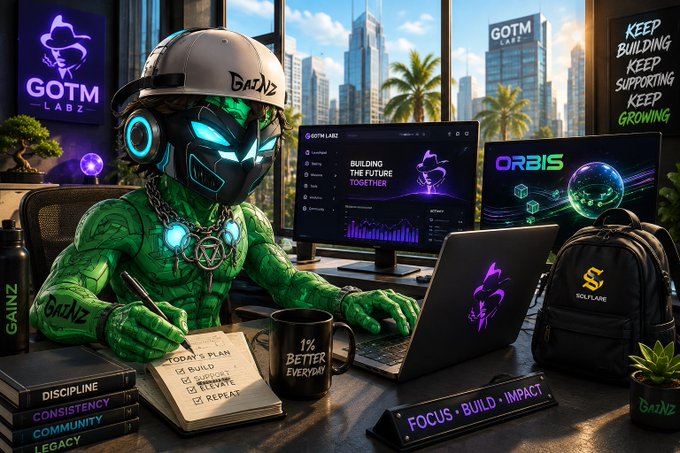 A digital illustration of a green-skinned, masked character wearing a cap labeled 'GAINZ' working at a desk with multiple monitors displaying 'GOTM LABZ' and 'ORBIS'; visible text includes '1% BETTER EVERYDAY', 'FOCUS BUILD IMPACT', 'DISCIPLINE CONSISTENCY COMMUNITY LEGACY', and 'KEEP BUILDING KEEP SUPPORTING KEEP GROWING'.