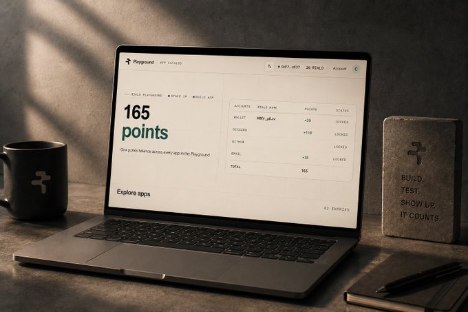 A laptop displays the Playground app catalog showing 165 points, alongside a coffee mug and a card reading 'BUILD, TEST, SHOW UP. IT COUNTS'.