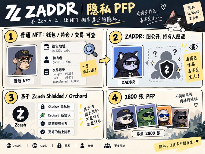 An infographic explaining ZADDR privacy PFP NFTs on Zcash, comparing regular NFTs to private ones, mentioning "2800 PFP" total.