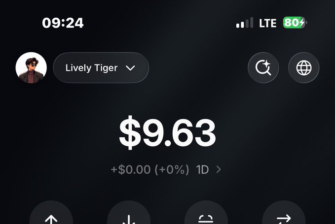 A mobile app screenshot showing a balance of '$9.63' with '+ $0.00 (+0%) 1D' for an account named 'Lively Tiger', with the time 09:24, LTE signal, and 80% battery visible.