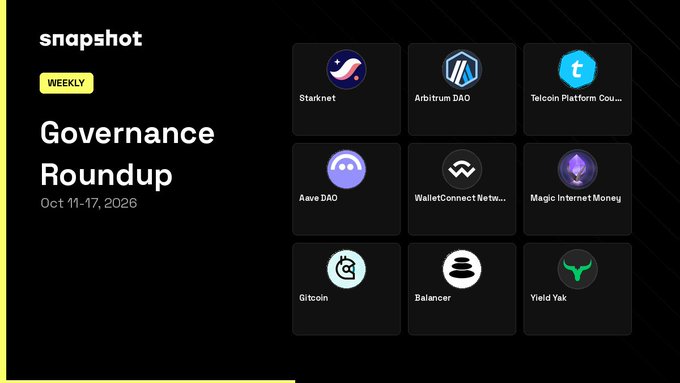 A Snapshot Weekly Governance Roundup graphic dated Oct 11-17, 2026, featuring logos for Starknet, Arbitrum DAO, Telcoin Platform, Aave DAO, WalletConnect Network, Magic Internet Money, Gitcoin, Balancer, and Yield Yak.