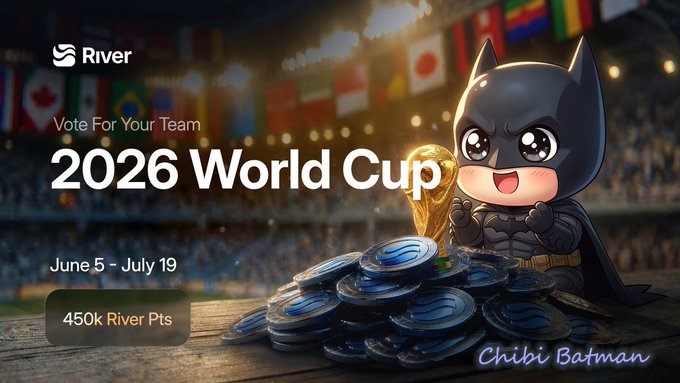 The image features a poster for the 2026 World Cup featuring a cartoon character of a batman wearing a cape with the text "Vote For Your Team" at the top. The poster also includes a list of the teams participating in the tournament, along with the names and logos of their respective countries. The poster encourages viewers to vote for their favorite team by sharing it on social media using the hashtag #River4funStake.