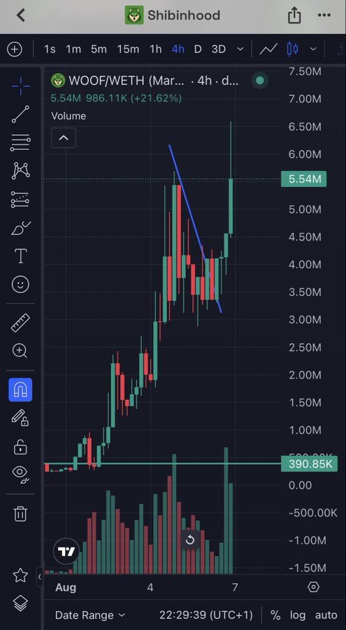 A TradingView mobile chart for the WOOF/WETH pair on Shibinhosho with the token showing a +21.62% gain at 5.54M volume.