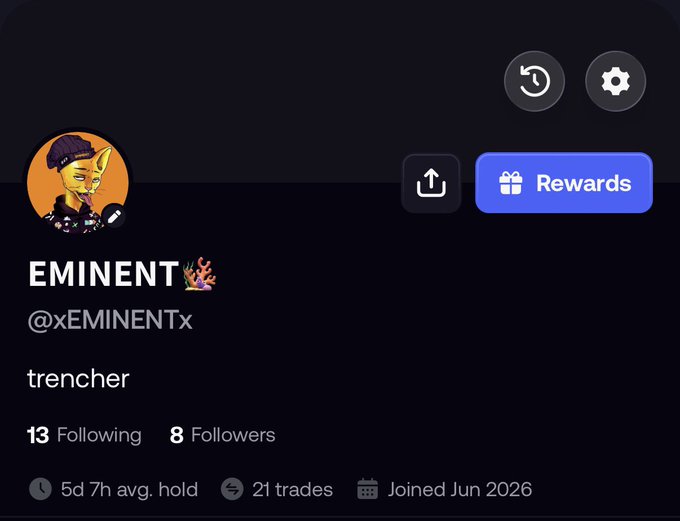 A social media profile for "EMINENT" (@xEMINENTx) describing themselves as a "trencher" with 13 following, 8 followers, joined June 2026.