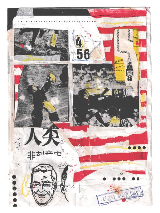 A mixed-media collage artwork featuring black-and-white sports photography clippings, red and white striped paper elements, a hand-drawn portrait of a smiling man, and various Japanese characters and markings.