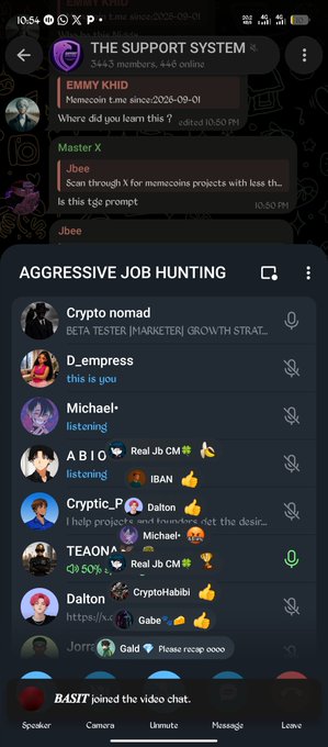A Discord mobile app screenshot showing 'THE SUPPORT SYSTEM' server with #aggressive-job-hunting voice channel members including Crypto nomad, D_empress, Michael-, and others chatting with Real Jb CM emojis.