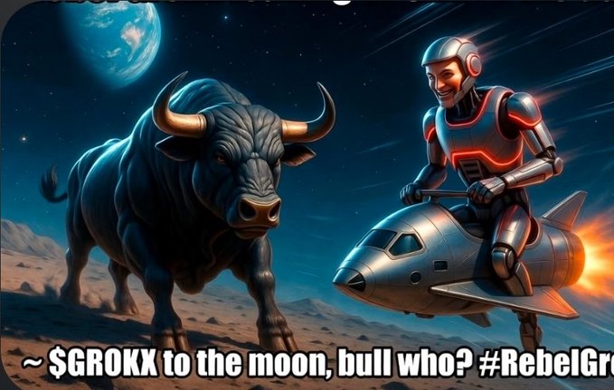 A meme image depicting a futuristic spaceman riding a rocket next to a running bull on a lunar landscape, with the caption '~$GROKX to the moon, bull who? #RebelGrok'.