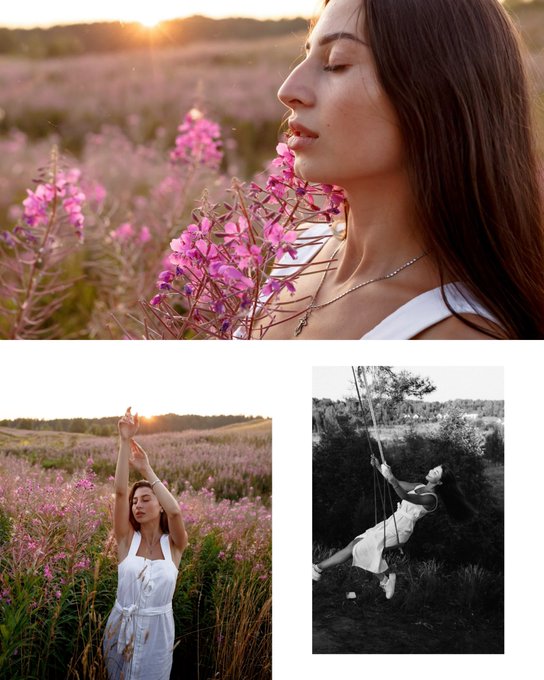 A three-panel photo collage featuring a young woman in a white dress posing in a pink flower field at sunset—one close-up of her smelling the flowers, another full-body shot with arms raised toward the sun, and a third black-and-white artistic photo of her on a swing.