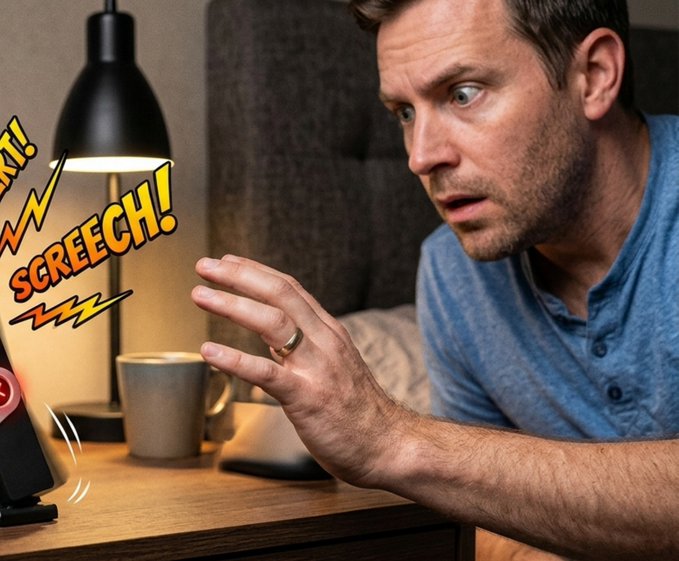 A man with a shocked expression reaching out to hit an alarm clock emitting red light on a wooden bedside table, with comic-style "SCREECH!" text effects overlaid on the image.