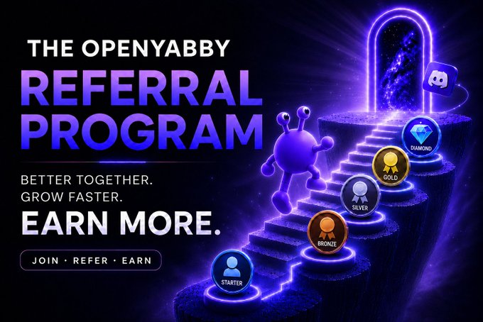 Promotional graphic for The OpenYabby Referral Program, featuring the tagline "Better Together. Grow Faster. Earn More. Join • Refer • Earn," alongside a purple mascot character ascending glowing stairs through tiered badges (Starter, Bronze, Silver, Gold, Diamond) that visually represent the escalating commission structure of the referral program.
