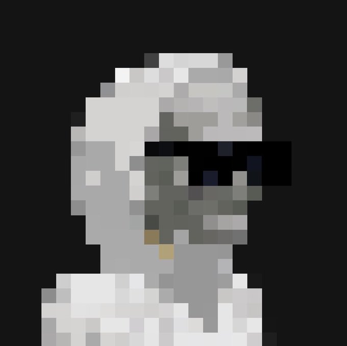 A highly pixelated, low-resolution image of a person wearing a helmet and dark sunglasses, with the face obscured by blocky grey and white pixels against a black background.