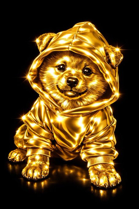 The image features a small dog wearing a gold-colored hoodie, sitting or standing against a black background with its paws visible. The caption above the image reads "One thing to note about this picture is that $DOG army is only getting bigger!" This implies that there might be more dogs in the future who will wear similar outfits and contribute to the growing collection of $DOG army members.