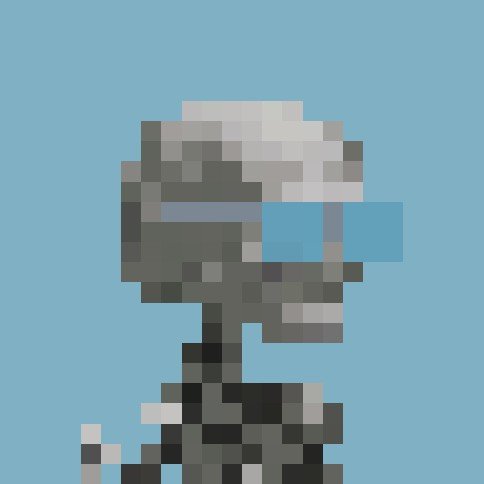A pixel art depiction of a character resembling Dave Lenses (Daft Punk) from The Skeld in Among Us, shown with a single cyan visor and grey body against a light blue background.