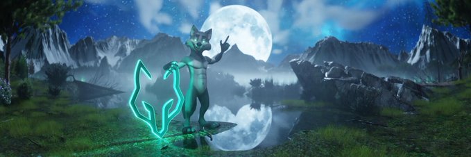 A 3D-rendered anthropomorphic black cat character holding a glowing cyan trident, standing on a grassy shore at night with a full moon and mountains in the background.