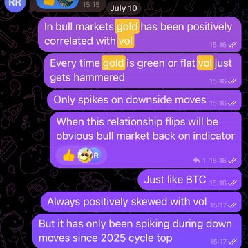 A Telegram conversation dated July 10 discussing the inverse relationship between gold and volatility (VIX), noting that gold rallies during bull markets when volatility is calm but tends to drop on risk-off spikes, with the user drawing parallels to Bitcoin's (BTC) own correlation pattern since the 2025 cycle top.