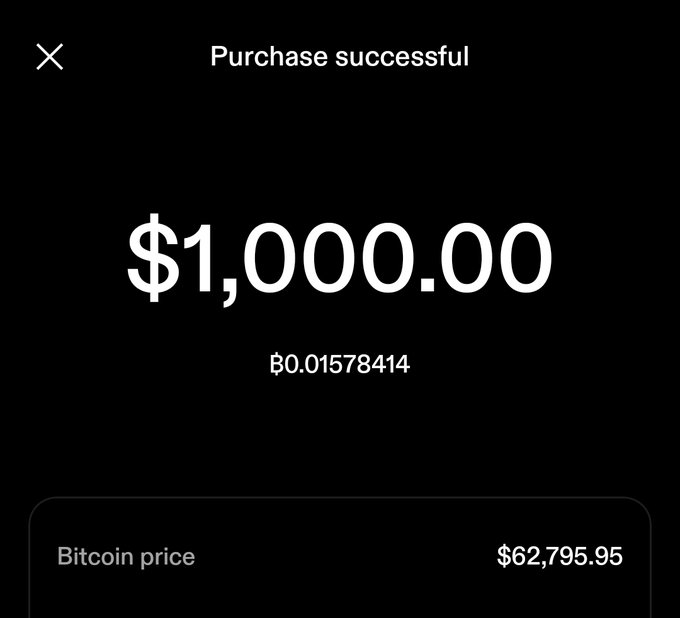 A confirmation screen displays a $1,000.00 bitcoin purchase of 0.01578414 BTC at a price of $62,795.95, reflecting the bold financial commitment suggested by "Only way forward is through." The dark-themed receipt captures the decisive action of investing through volatile markets.