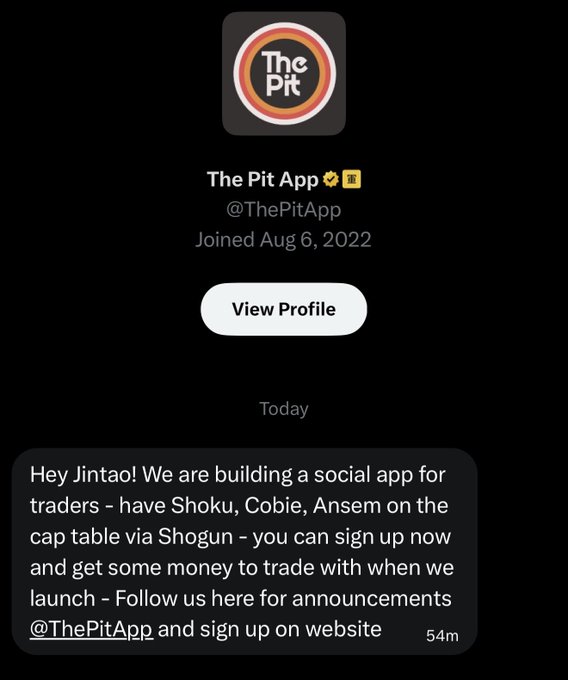 A Twitter/X profile for "The Pit App" (@ThePitApp) with a message: "Hey Jintao! We are building a social app for traders – have Shoku, Cobie, Ansem on the cap table via Shogun – you can sign up now and get some money to trade with when we launch – Follow us here for announcements @ThePitApp and sign up on website."