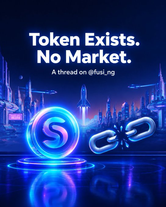 A cyberpunk-style digital illustration with the text 'Token Exists. No Market. A thread on @fusi_ng' showing a glowing token coin next to a broken chain link symbol.