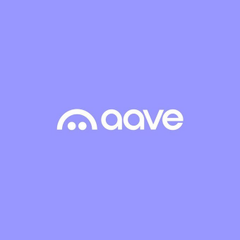 Aave logo on a purple background featuring a white ghost-like icon next to the lowercase word 'aave.'