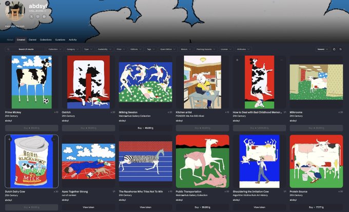 A screenshot of the Absty's NFT marketplace showing the collection of digital artwork by 'abdsy' featuring various cow-themed pieces in different styles and color schemes.