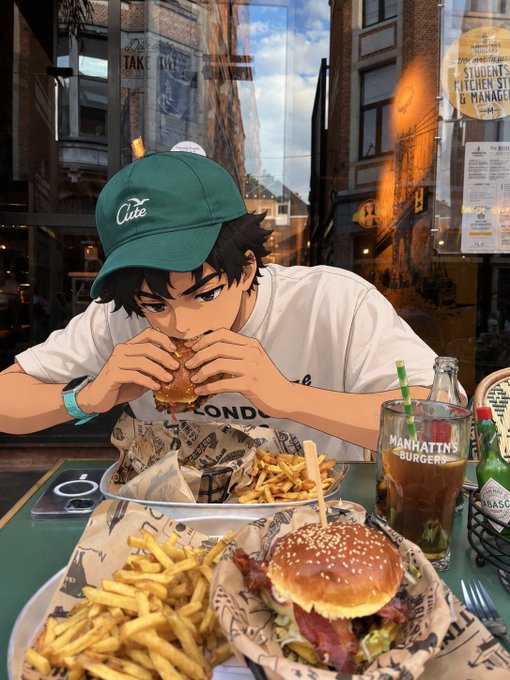An anime-style character wearing a green 'Clive' cap eats a burger at a table filled with fries, a second burger, and a 'Manhattan Burger' drink.