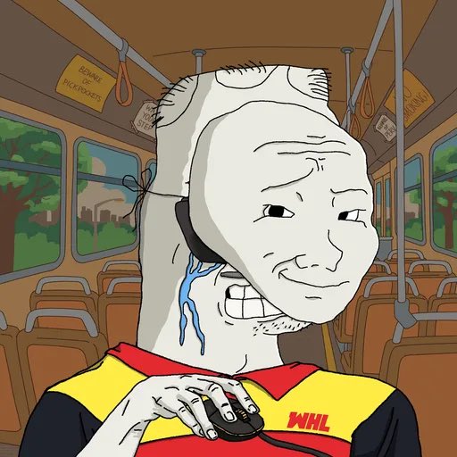 A Wojak-style cartoon illustration depicts the crying 'soyjak' character on a bus, wearing a yellow and red 'WHL' jersey while holding a phone.