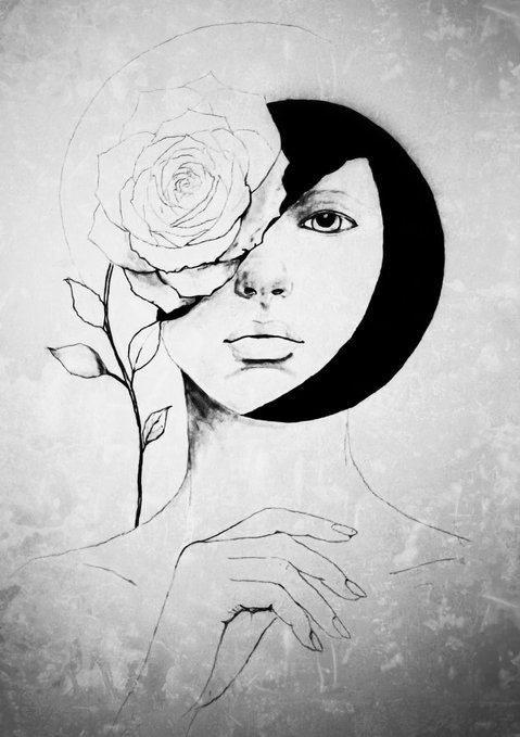 A minimalist, black-and-white illustration of a woman's face partially obscured by a large, detailed rose over one eye, with her hand delicately posed below her chin against a textured gray background.