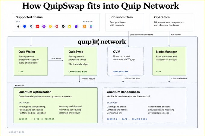 Informational diagram titled "How QuipSwap fits into Quip Network" detailing the ecosystem including Quip Wallet, QuipSwap, QVM, and Node Manager across EVM and non-EVM chains, with subnet details for Quantum Optimization and Quantum Randomness.
