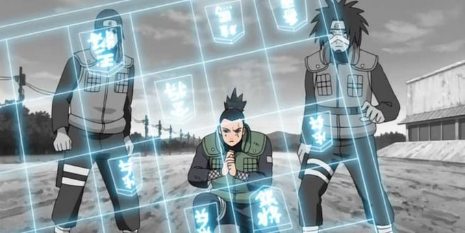 The image depicts three anime characters in ninja attire, with a central figure seated in a thinking pose, surrounded by floating holographic cards containing Japanese text, evoking a scene of strategic planning reminiscent of Shikamaru from Naruto.