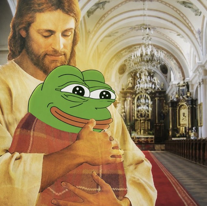 The image is a humorous meme combining a classical depiction of Jesus holding a bundle wrapped in a plaid blanket, with the iconic Pepe the Frog cartoon character emerging from the bundle instead of an infant. It directly relates to the post by personifying $PEPE—the "beautiful green frog" of the post's meme—symbolizing the crypto holder's unwavering devotion to their $PEPE investment, treating the token like a cherished, almost sacred possession held through market turbulence.