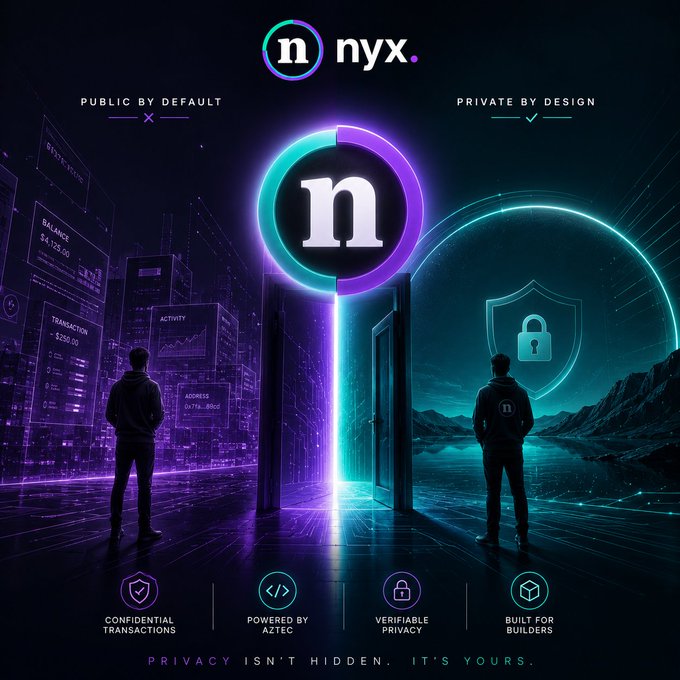 A promotional graphic for 'nyx.' featuring a neon purple and teal color scheme with the tagline 'PUBLIC BY DEFAULT, PRIVATE BY DESIGN' and 'PRIVACY ISN'T HIDDEN. IT'S YOURS.' highlighting features like confidential transactions and verifiable privacy.
