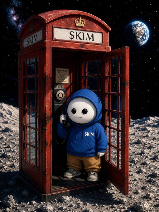 A hooded mascot character wearing a "$KIM" hoodie stands alone inside a red British telephone booth on a rocky lunar surface, with Earth visible in the starry background. The image cleverly reinforces the post's mood—after getting a CoinGecko listing approved, the $KIM token is still waiting and lonely, like a solitary figure on the moon with no one to call.