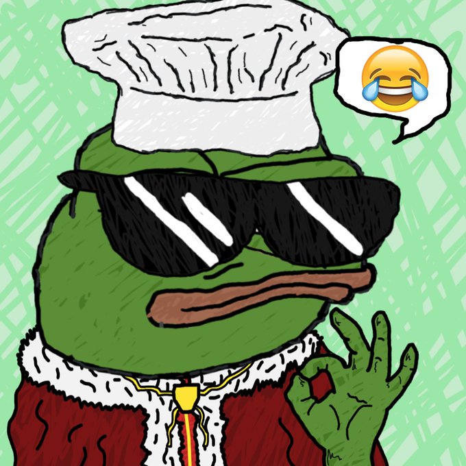 A cartoon illustration of the Pepe the Frog character dressed as a chef with a white hat and sunglasses, laughing with a speech bubble containing a crying-laughing emoji.
