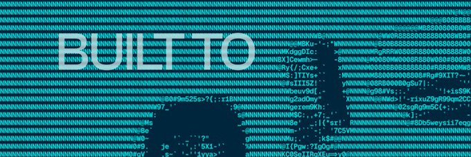 The image displays the text "BUILT TO" in large white letters over a background of glitchy, cascading blue code resembling computer terminal or encryption output. This digital, code-filled aesthetic visually reinforces the post's theme about @fhenix's technical mission to build privacy infrastructure on top of Ethereum, emphasizing the cryptographic and programming foundation underpinning the project.