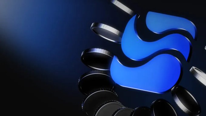 A stylized 3D blue flame logo with a silver border glows against a dark background.
