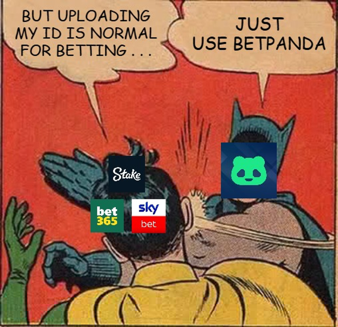 A modified comic panel with a red background showing characters having a conversation, where the speech bubbles read 'BUT UPLOADING MY ID IS NORMAL FOR BETTING...' and 'JUST USE BETPANDA'. The faces of the characters are replaced with logos for betting companies, including 'Stake', 'bet365', 'sky bet', and a green panda logo.