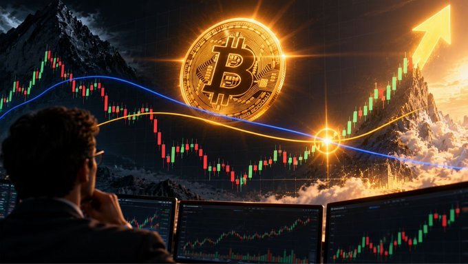 A stylized graphic depicting a trader studying Bitcoin price charts with a glowing gold Bitcoin coin, colorful candlestick patterns, and an upward arrow against a mountain backdrop.