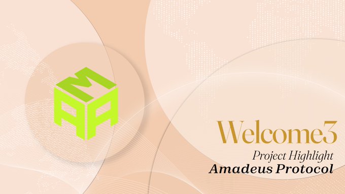 A Welcome3 branded graphic highlighting the "Amadeus Protocol" project, featuring a green 3D cube logo on a peach gradient background. The image visually presents the partnership announcement, showcasing the Amadeus Protocol as a new addition to Welcome3's ecosystem for agentic finance.