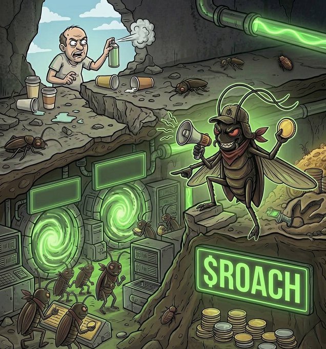 The image features a cartoon illustration of a man holding a can of spray paint, surrounded by numerous cockroaches. The cockroaches are depicted as being under attack from the man's spray paint can, with one cockroach even attempting to take control of the sprayer. The scene is set in an underground tunnel or cave-like environment, and there are piles of money scattered around the area. The image also includes a caption that reads "I'm $ROACH, the unkillable roach invading Solana! No rug, no dump, just pure pumpfun #Solana #Memecoin #Pumpfun #RoachHorde #CockroachCreed".