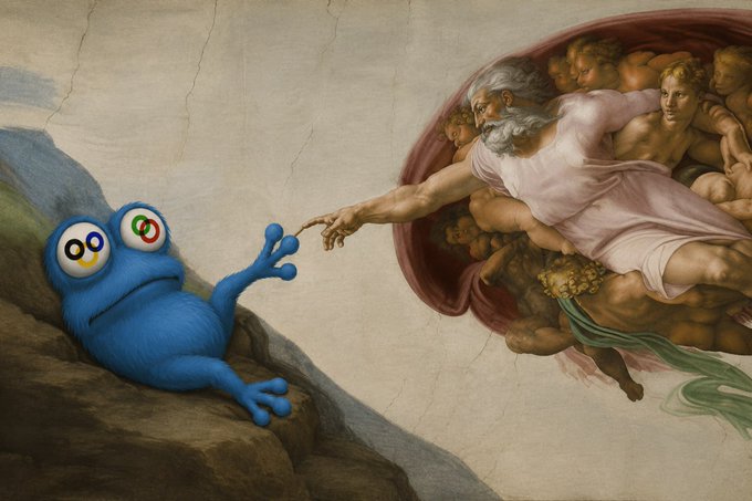 A humorous edit of Michelangelo's "Creation of Adam" fresco where the blue cartoon frog character "Pepe" is added on the left side, being touched by God's finger.