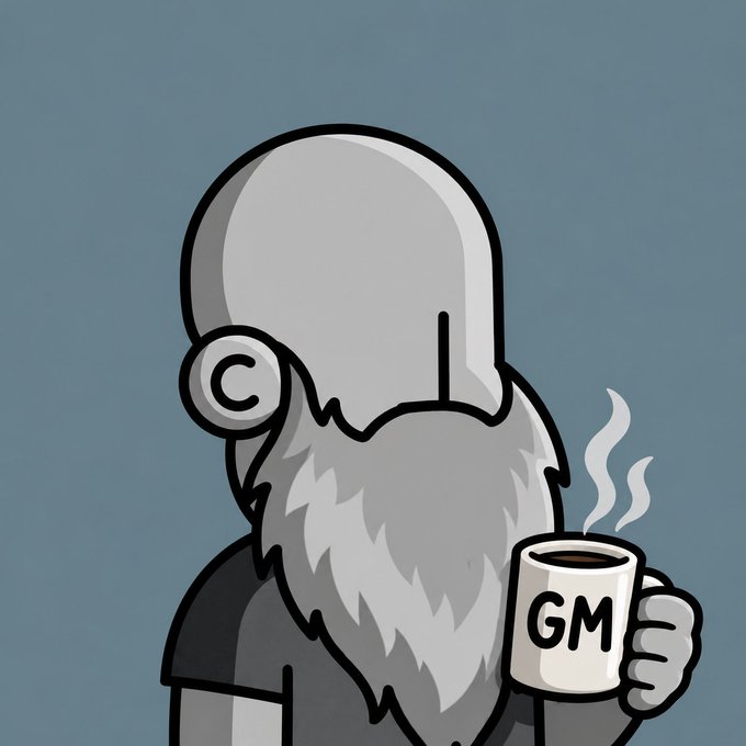 A cartoon of a gray-bearded figure seen from behind holding a steaming mug labeled "GM," matching the post's "GM GM" Sunday greeting to their X followers.
