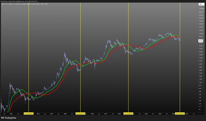 A long-term TradingView chart of Bitcoin/USD (Bitcoin / U.S. Dollar) on Coinbase from 2014 to 2027, featuring green and red moving averages with vertical yellow halving markers at 'Nov, 2016 halving,' 'May, 2020 halving,' 'May, 2024 halving,' and 'May, 2028 halving.'