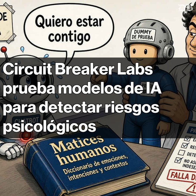 An illustrated graphic titled 'Circuit Breaker Labs prueba modelos de IA para detectar riesgos psicológicos' shows a sweating robot, a test dummy labeled 'DUMMY DE PRUEBA', and a book titled 'Matices humanos: Diccionario de emociones, intenciones y contextos'.