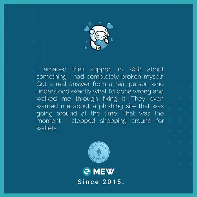 A promotional graphic featuring a cartoon astronaut cat and a testimonial about customer support, with a '2015 > 2026 11 YEARS' badge and 'MEW Since 2015.' branding at the bottom.