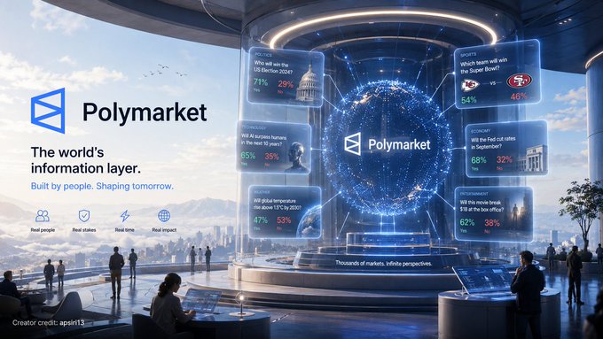 The image is a futuristic promotional graphic for Polymarket, showcasing a glowing globe surrounded by prediction market cards displaying probabilities for events like the 2024 US Election (71%/29%), Super Bowl LVIII (54%/46%), and Fed rate decisions, with the tagline "The world's information layer. Built by people. Shaping tomorrow." This visually reinforces the post's point about Polymarket revealing how information and market signals arrive in layers over time, rather than all at once.