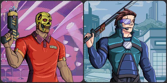A split illustration showing two video game characters: on the left, a yellow-skinned figure in a red polo shirt holding a gun in a neon-lit room, and on the right, a character with purple goggles holding a rifle in a futuristic outdoor setting.