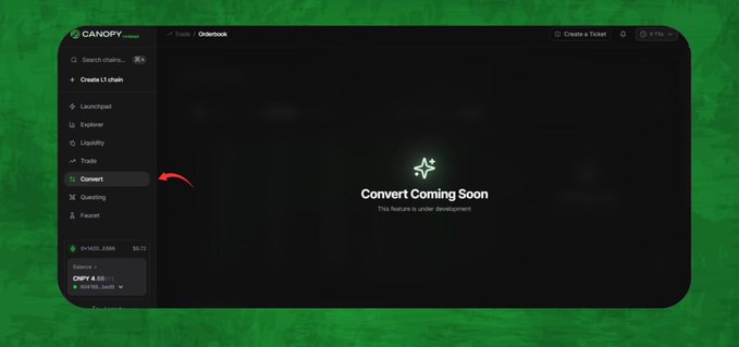 The image shows the Canopy Network interface with the "Convert" feature highlighted in the sidebar, displaying a "Convert Coming Soon" message in the main panel, indicating that the feature is under development. It illustrates the post's point about Canopy's upcoming Convert feature, which aims to simplify cross-chain asset transfers by eliminating the need for bridges and multiple transactions.