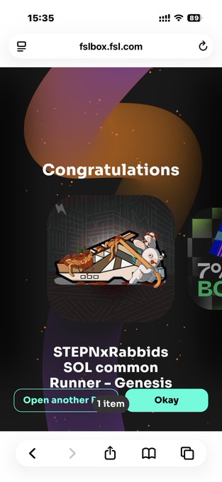 The image shows a phone screen with an app called "StepNxRabbids" displayed, along with a congratulatory message for completing the marathon challenge. The app has a green button that says "Open another f item". This indicates that there are more items available in the app to explore or complete.