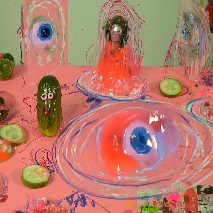 A surreal, distorted digital artwork featuring a pickle character with googly eyes and red lips standing next to a glass bowl filled with swirling pink and red liquid and a blue eye-like shape, with cucumbers scattered across a pink surface.