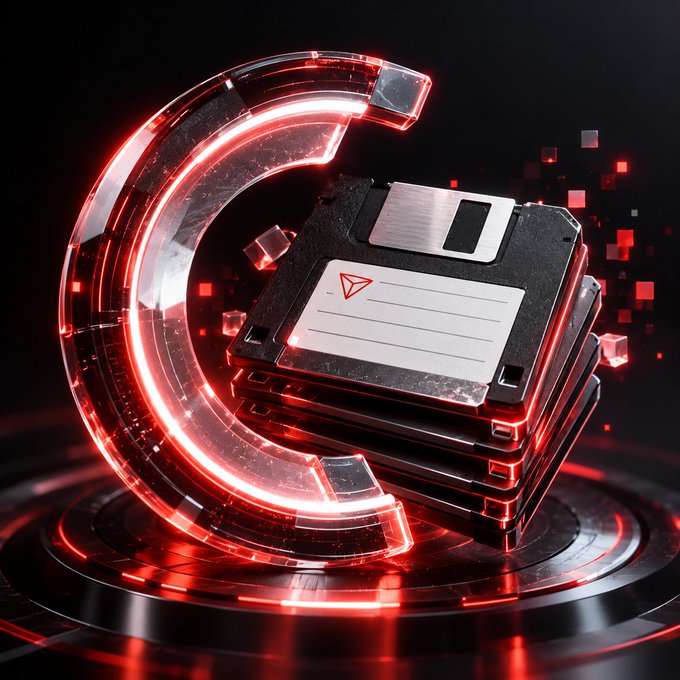 A 3D digital rendering of a classic floppy disk surrounded by a glowing red, futuristic circular interface and floating data cubes.